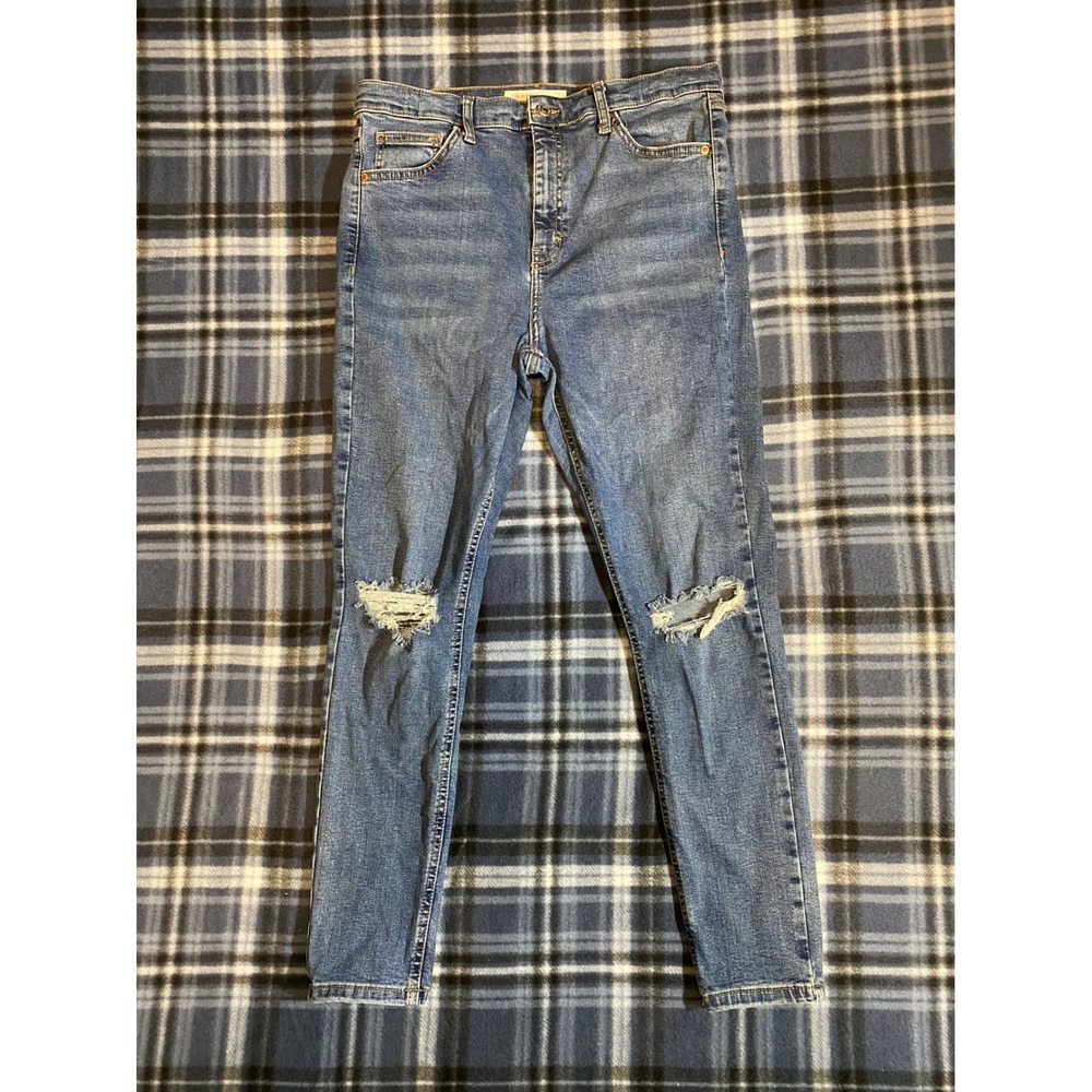 Topshop Jamie Skinny Jeans Womens W32 L30 Blue Distressed Ripped Knee High Waist